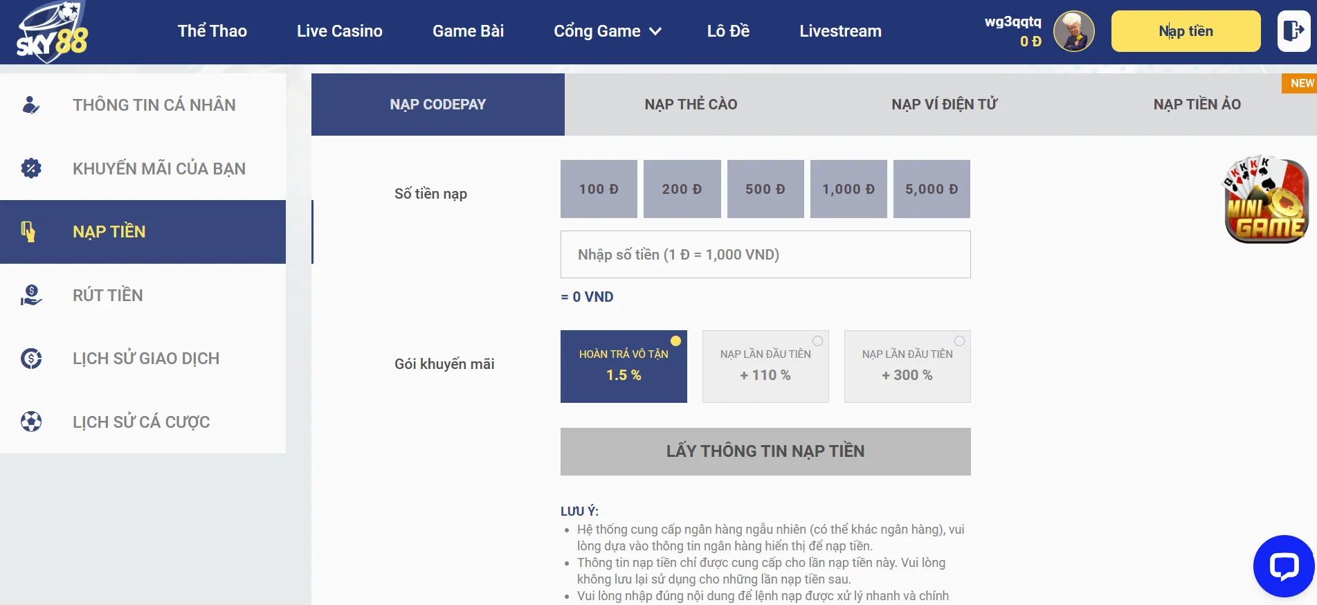 Giao diện nạp tiền thao tác nhanh chóng 