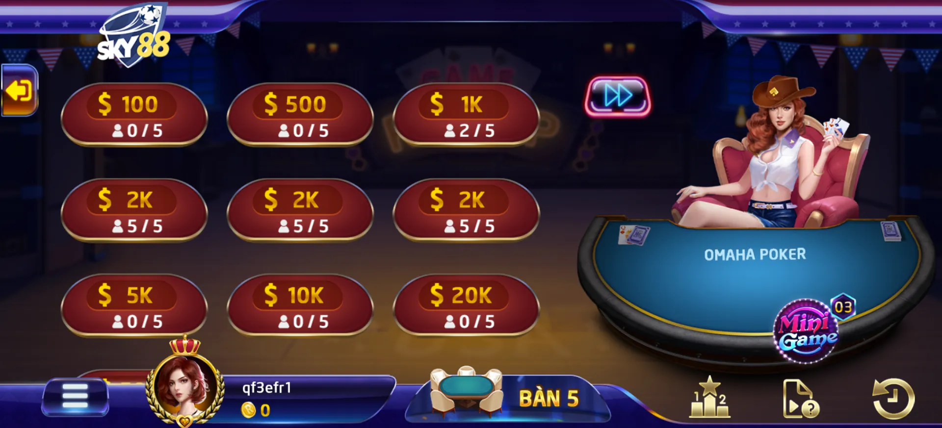 Ván game bài Poker đa dạng phòng chơi tại Sky88