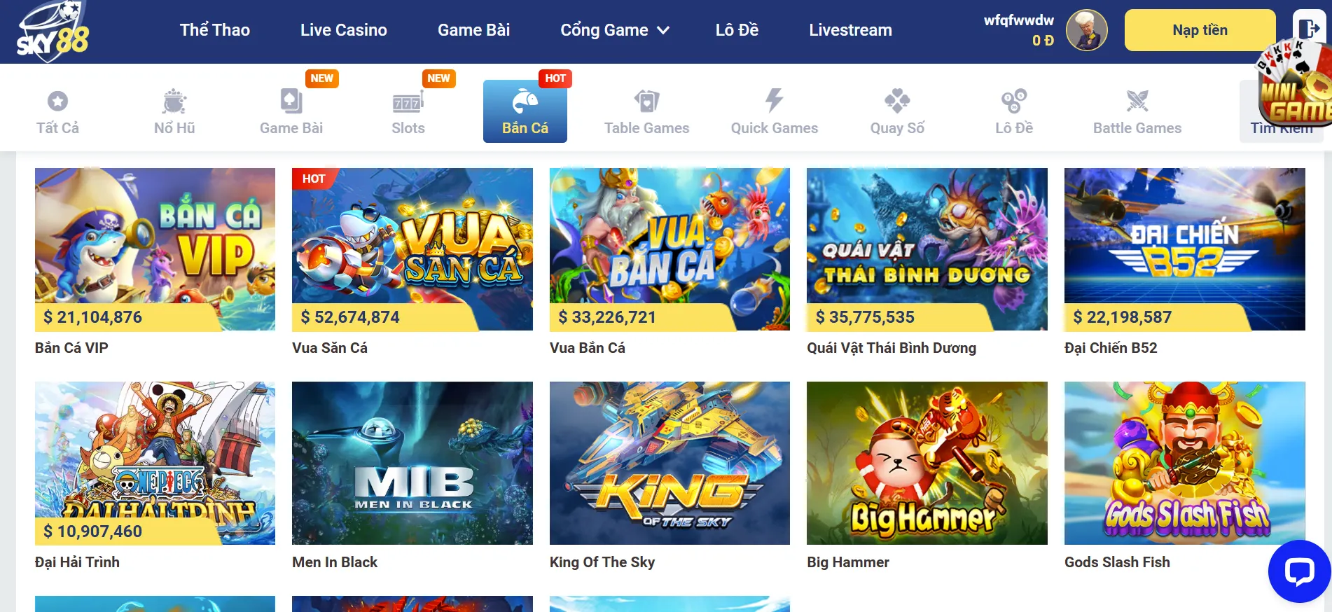 Kho tàng game bắn cá tại cổng game Sky88