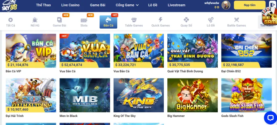 Theo dõi game Vua Bắn Cá tại cổng game Sky88